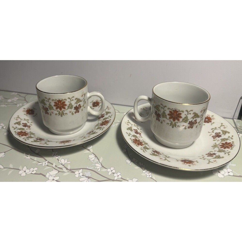 Floral Demitasse Espresso Cups and Saucers 2 Sets Fine Porcelain Vintage